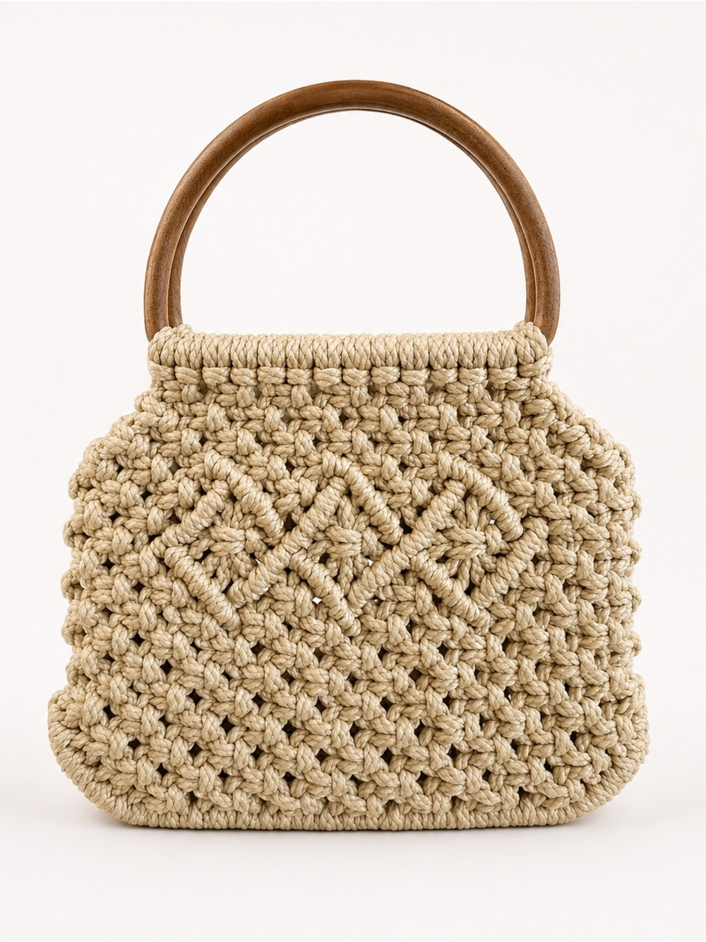Handmade Macramé Rope Handbag with Wooden Handles